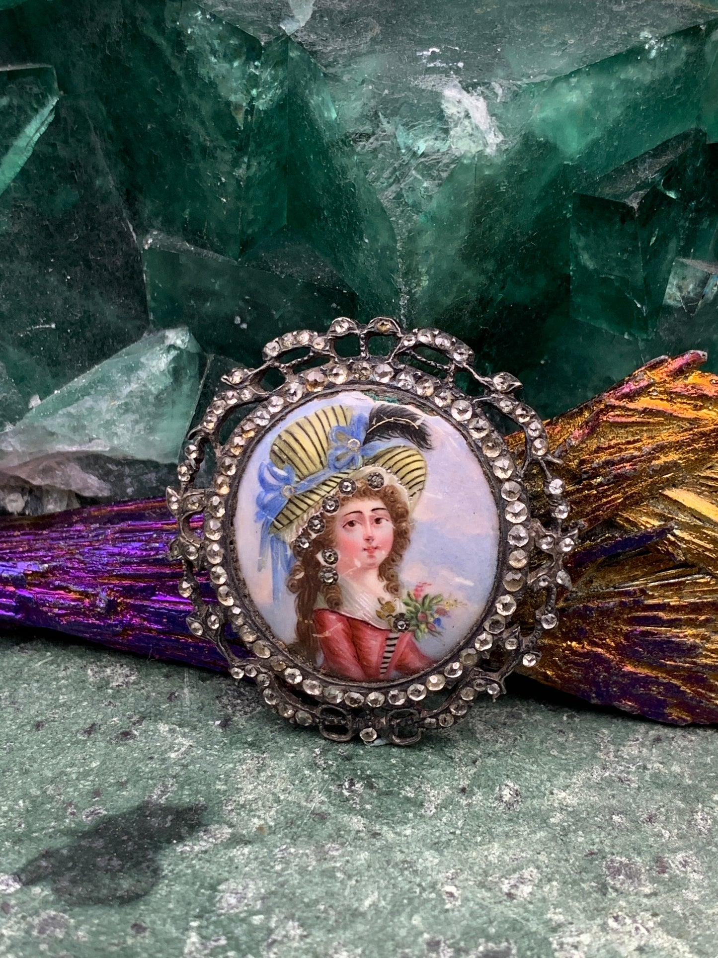 SOLD Antique French Silver, Rock Crystal & Painted Enamel Portrait Brooch