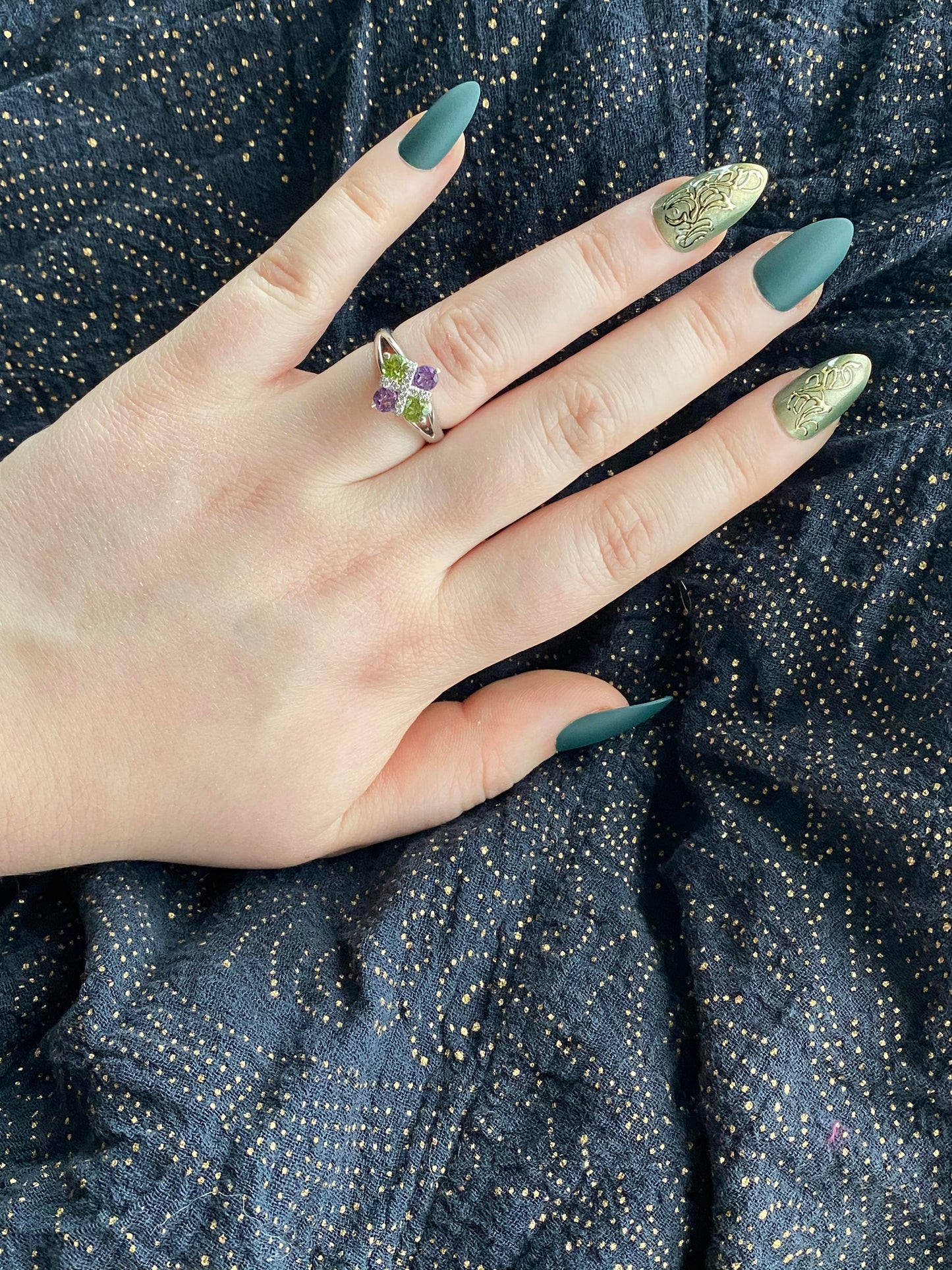 SOLD 18K White Gold, Diamond, Amethyst & Peridot Birks Ring (Suffragette Commemorative)