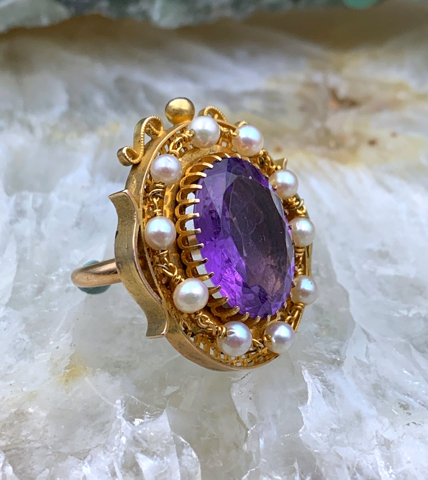Antique 14K, Amethyst & Seed Pearl Conversion Ring