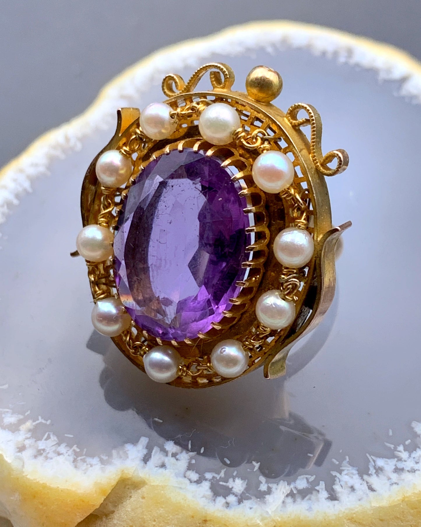 Antique 14K, Amethyst & Seed Pearl Conversion Ring
