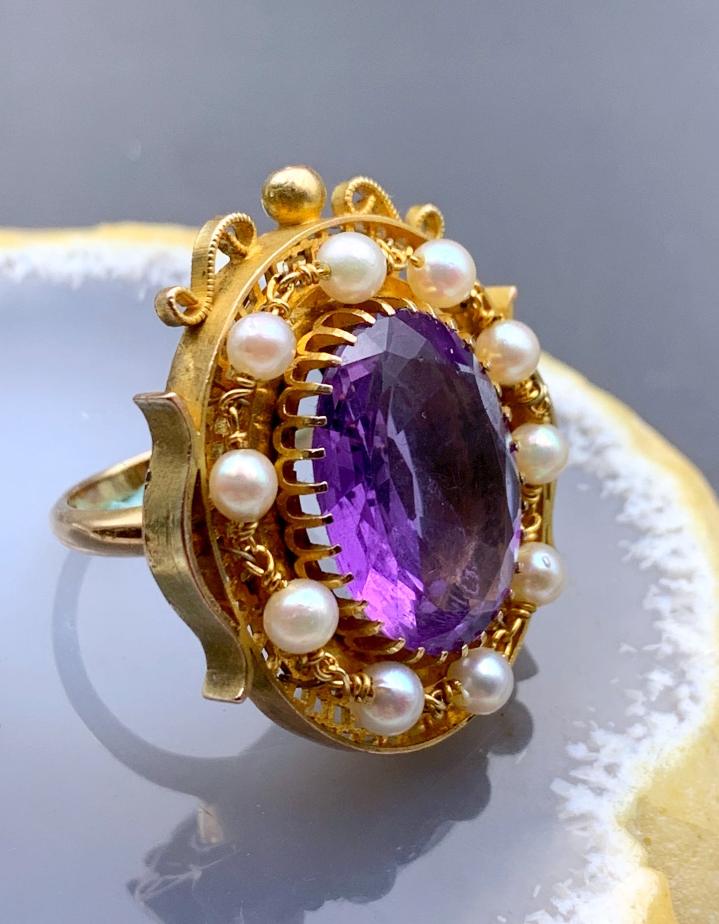 Antique 14K, Amethyst & Seed Pearl Conversion Ring