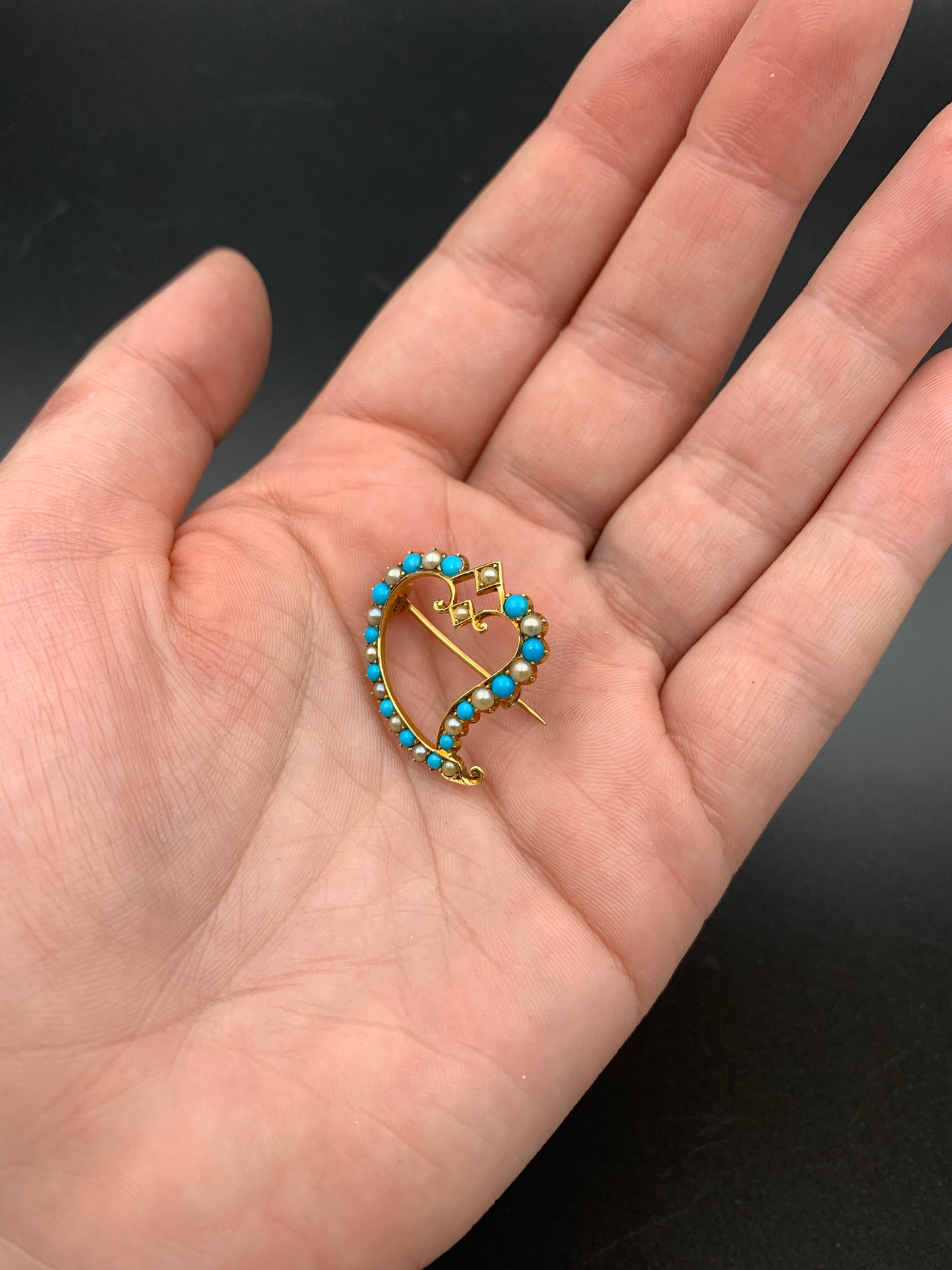 SOLD Antique 15K, Turquoise & Seed Pearl Witch's Heart Brooch K