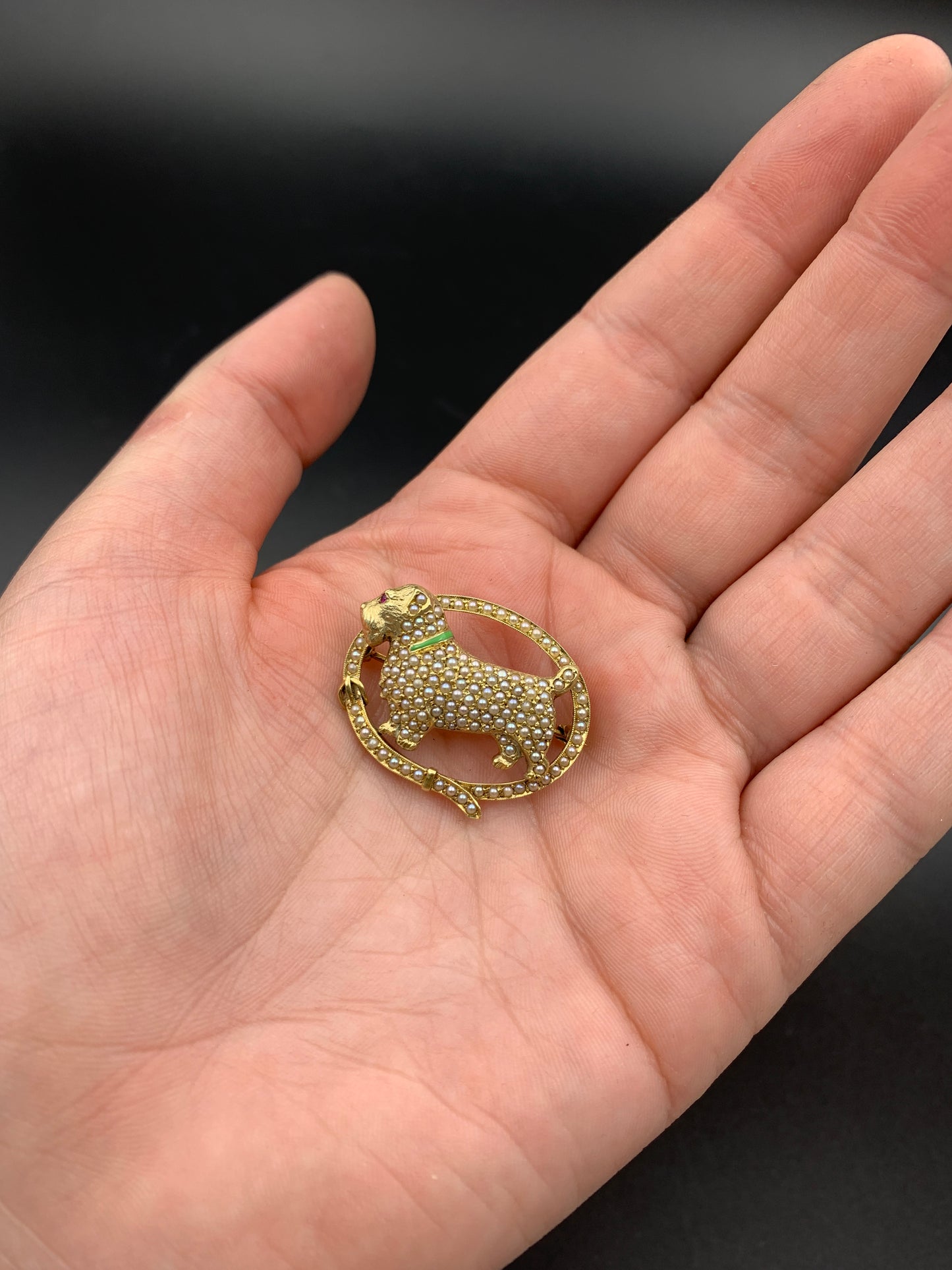SOLD Antique 14K, Ruby, Seed Pearl & Enamel Terrier Dog Brooch K