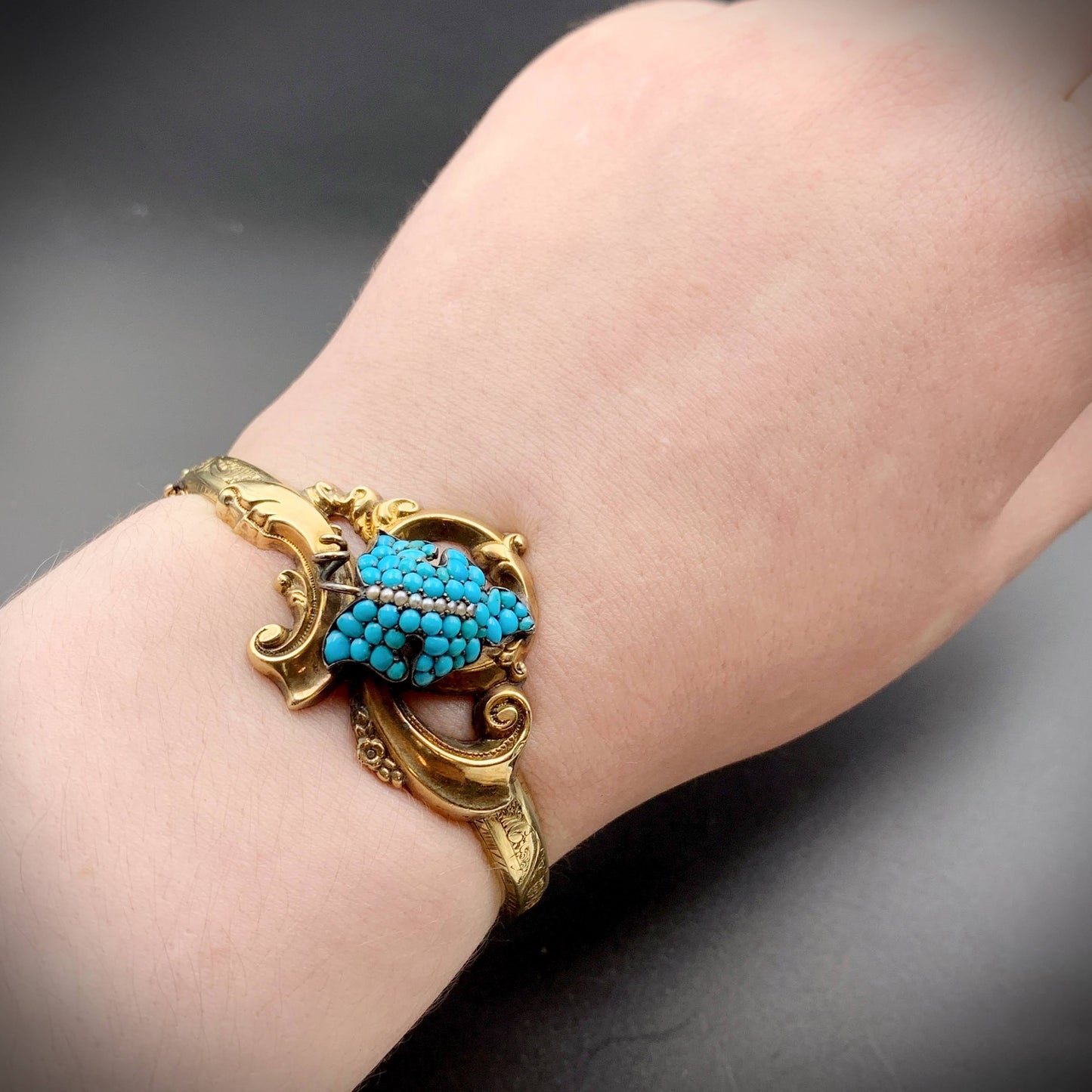 SOLD Antique 14K, Turquoise & Seed Pearl Bangle Bracelet
