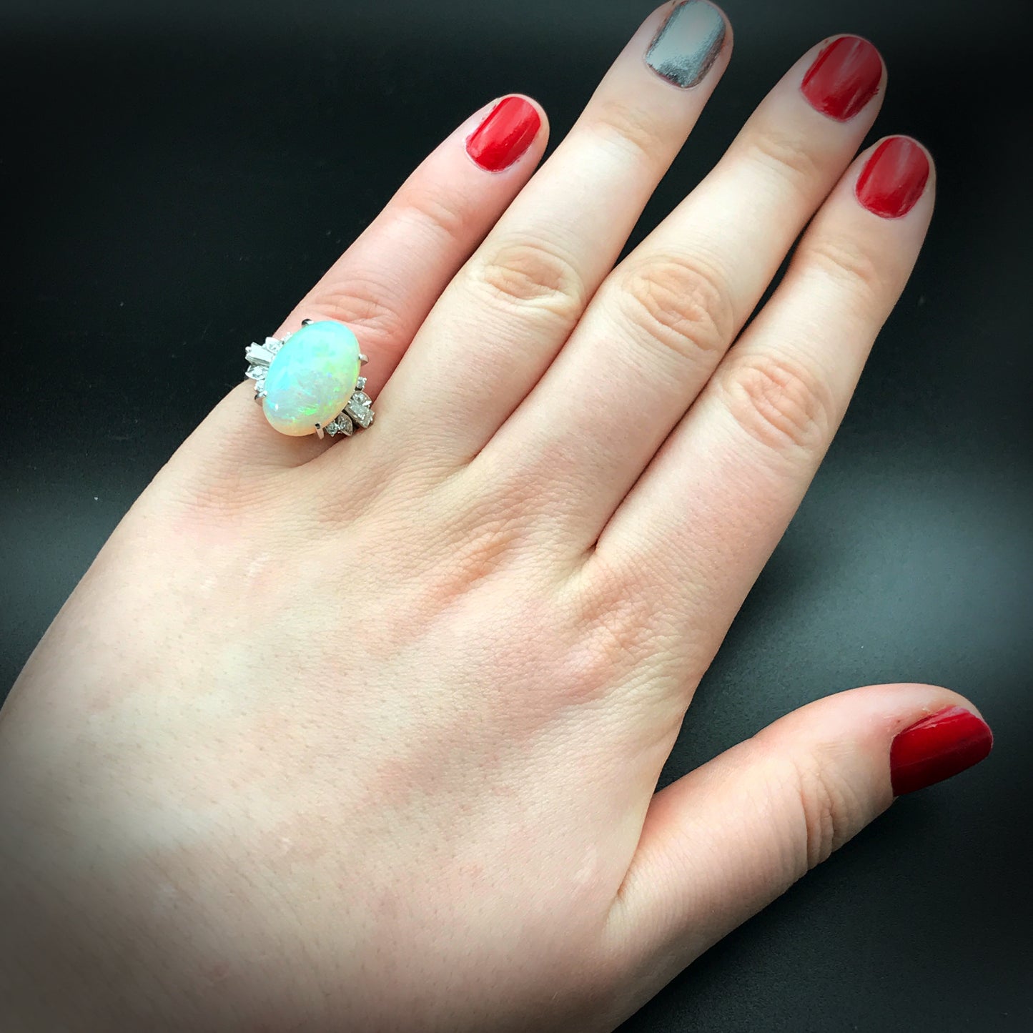 SOLD Platinum, Opal Cabochon & Diamond Estate Ring