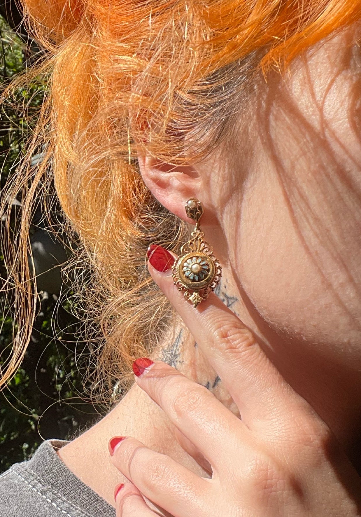 Antique Italian 14K, Pearl & Enamel Earrings