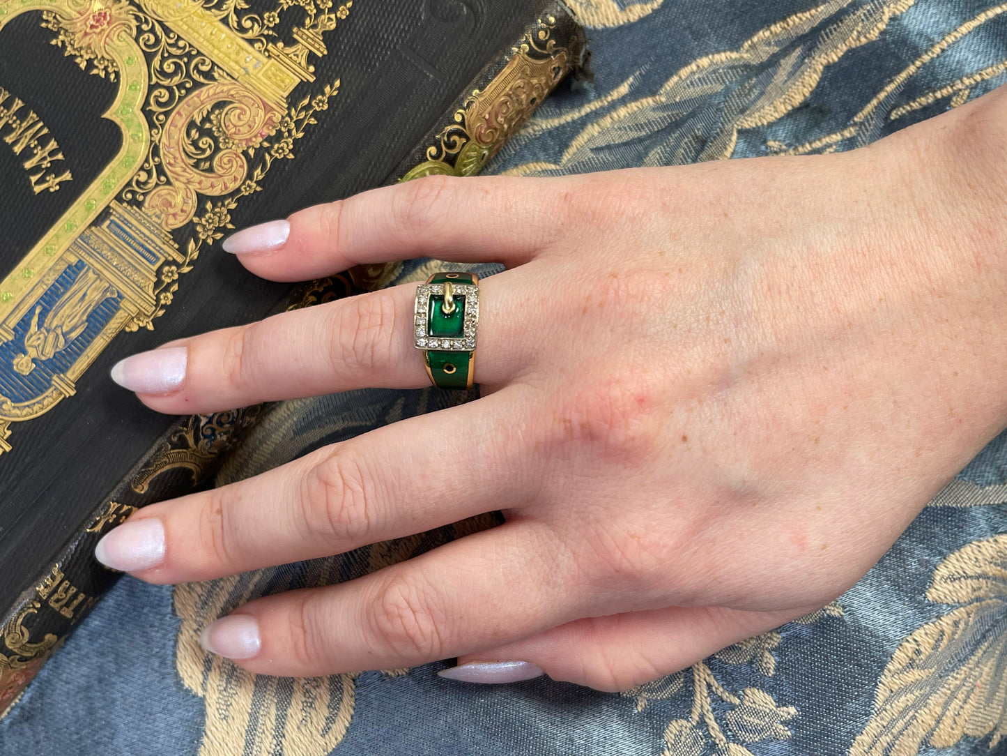 SOLD Vintage English 18K, Diamond & Enamel Buckle Ring