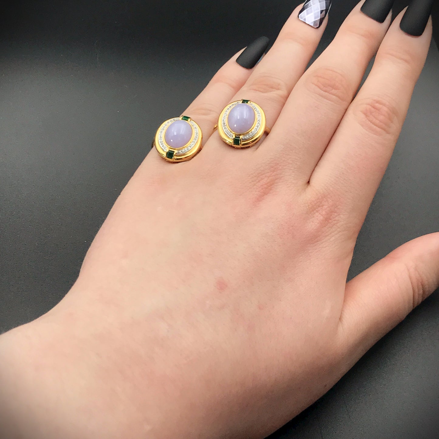 SOLD 14K, Lavender Jade, Diamond & Emerald Conversion Ring