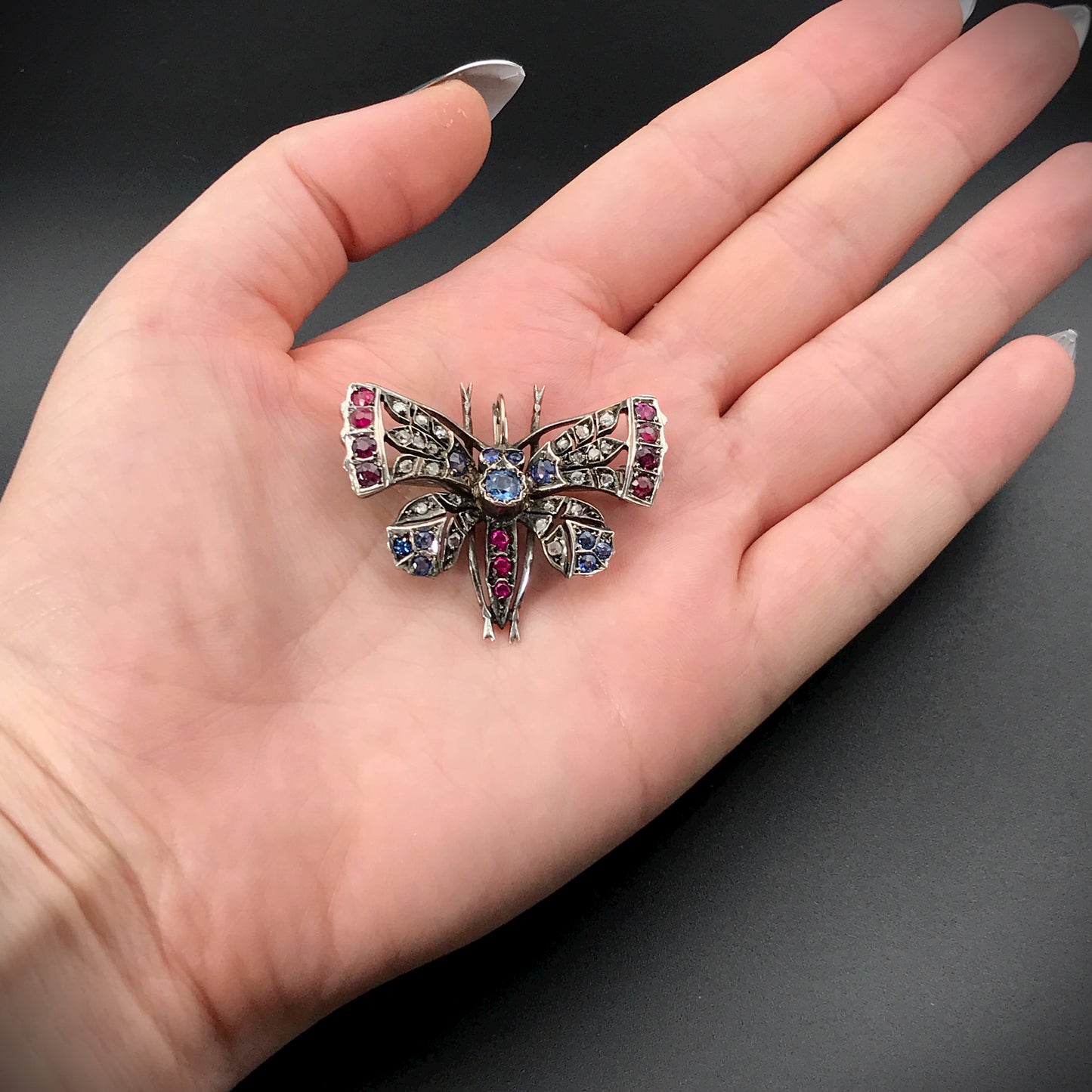 SOLD Antique 14K, Silver, Diamond, Sapphire & Ruby Butterfly Brooch