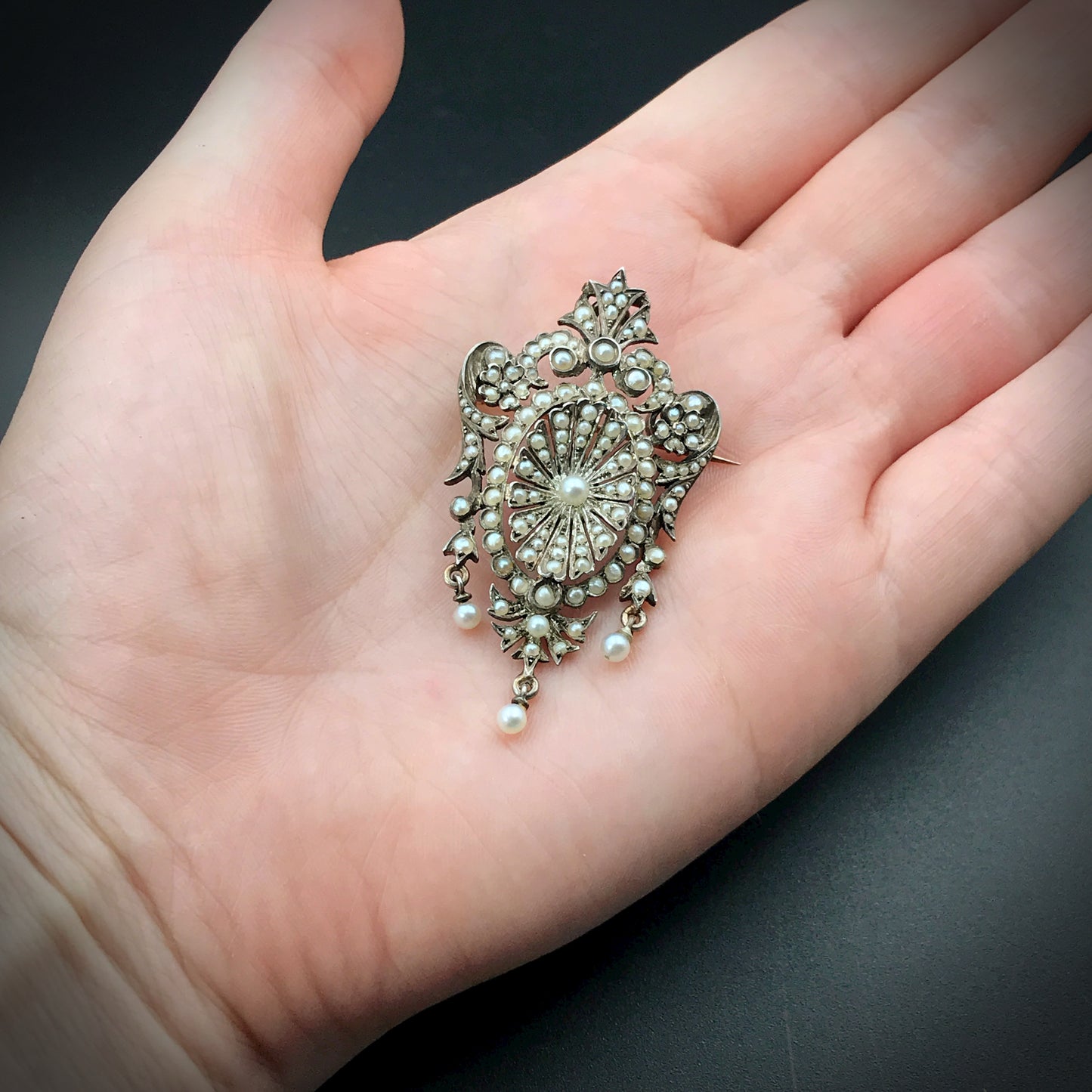 Antique French Silver & 18K Gold, Seed Pearl Brooch/Pendant