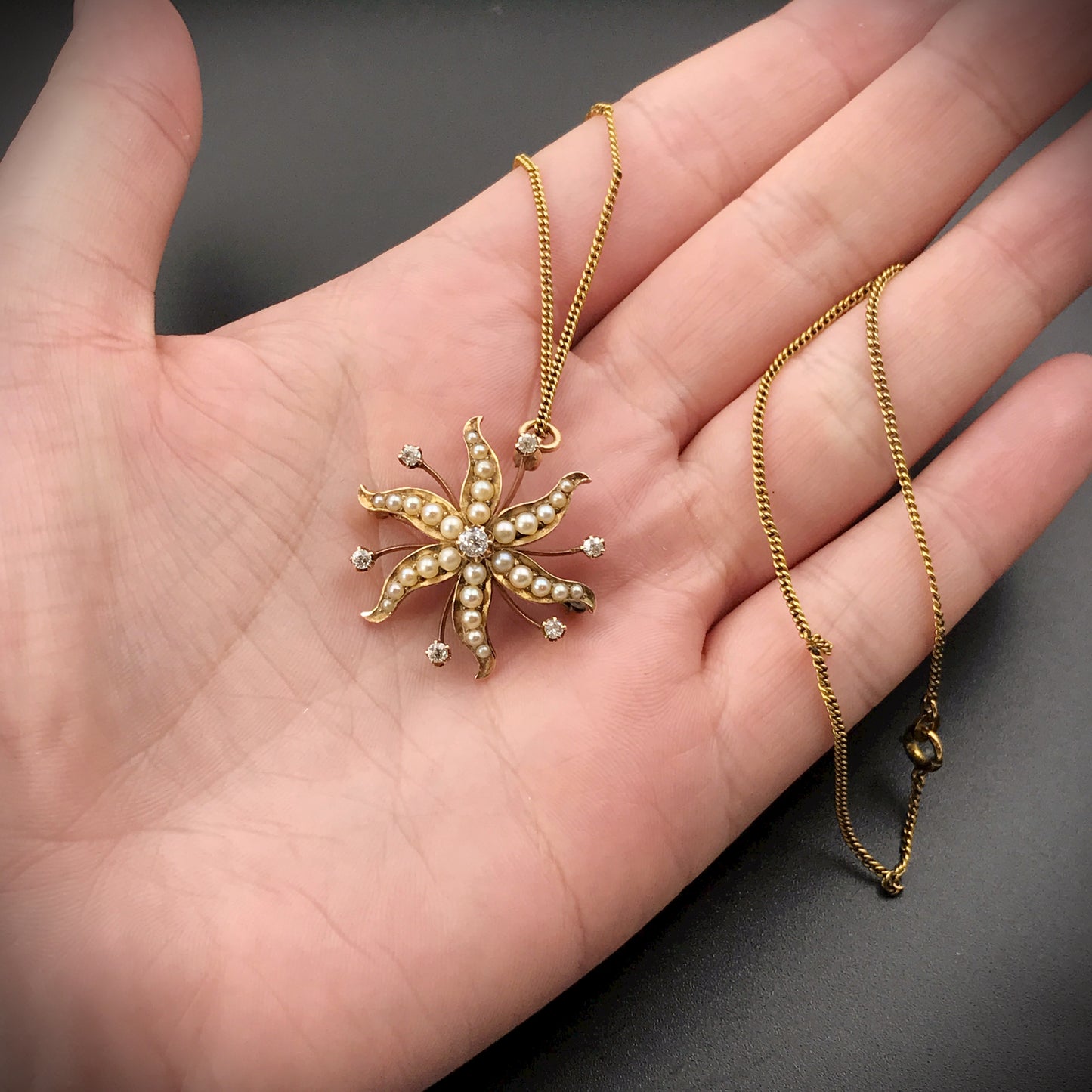 Antique 14K, Diamond & Pearl Starburst Brooch/Pendant With 12K Gold Filled Chain