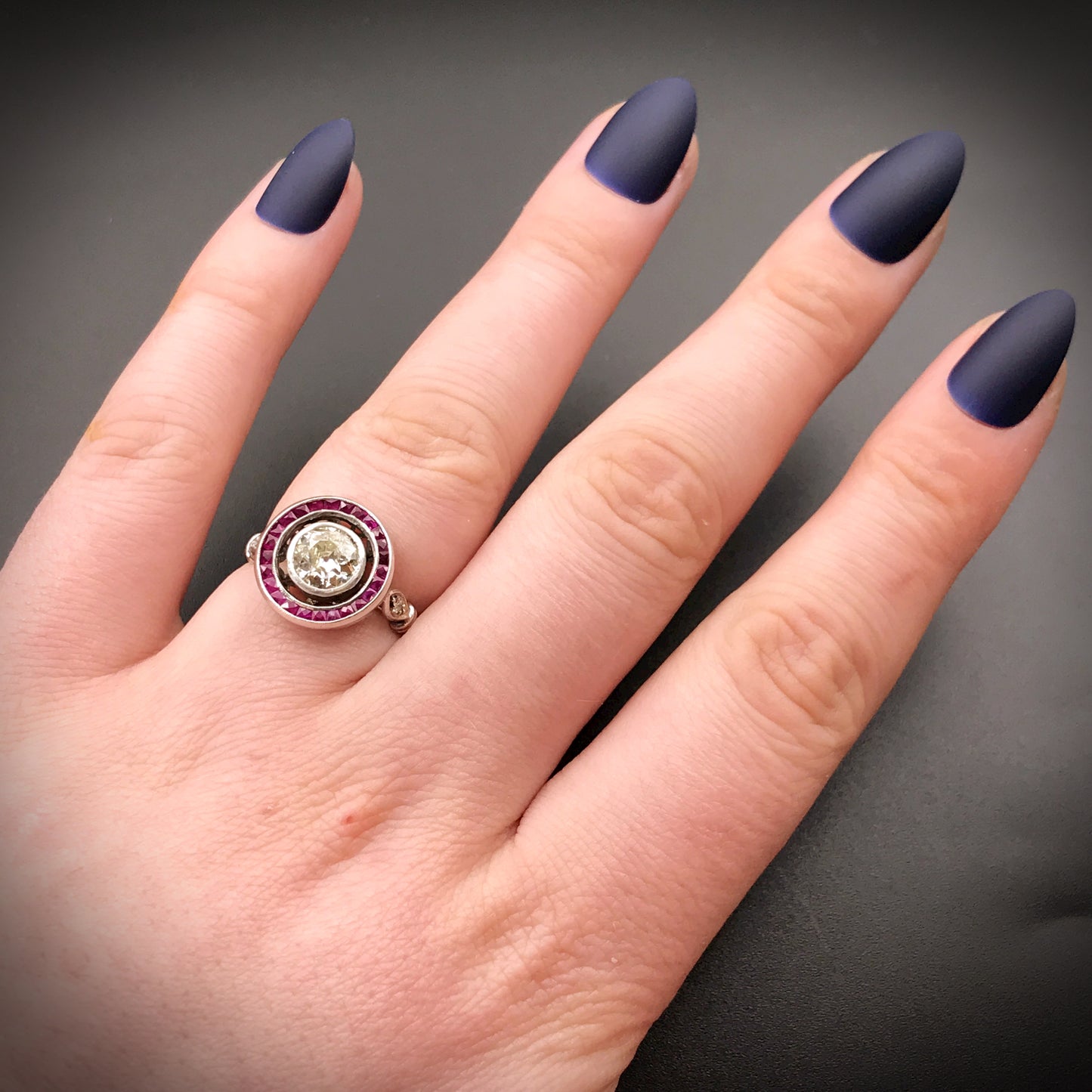SOLD Late Deco Platinum, Diamond & Ruby Target Ring