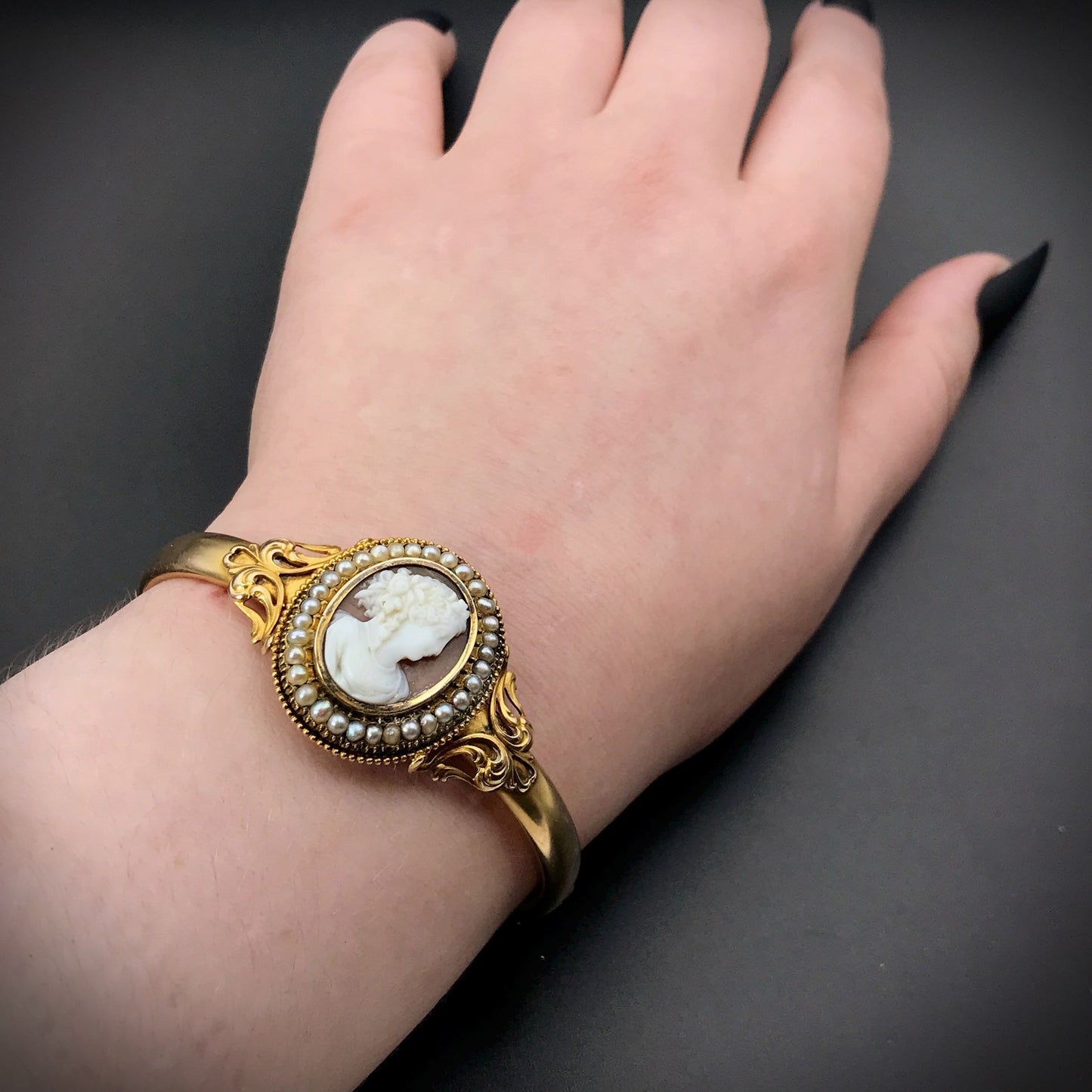 SOLD Antique 14K, Carved Cameo & Seed Pearl Bangle Bracelet