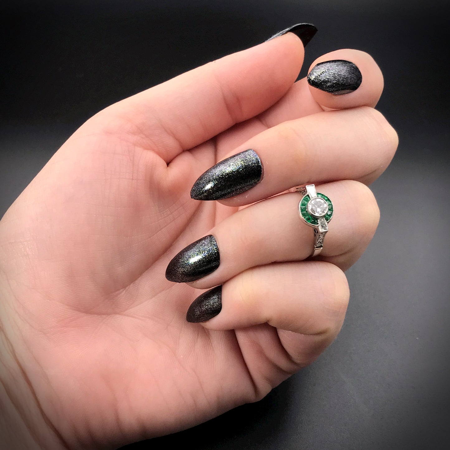 SOLD Art Deco Platinum, Diamond & Emerald Target Ring