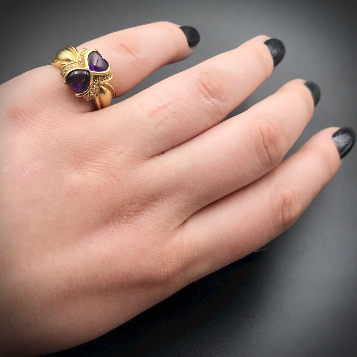 SOLD 14K, Amethyst & Diamond Double Heart Ring