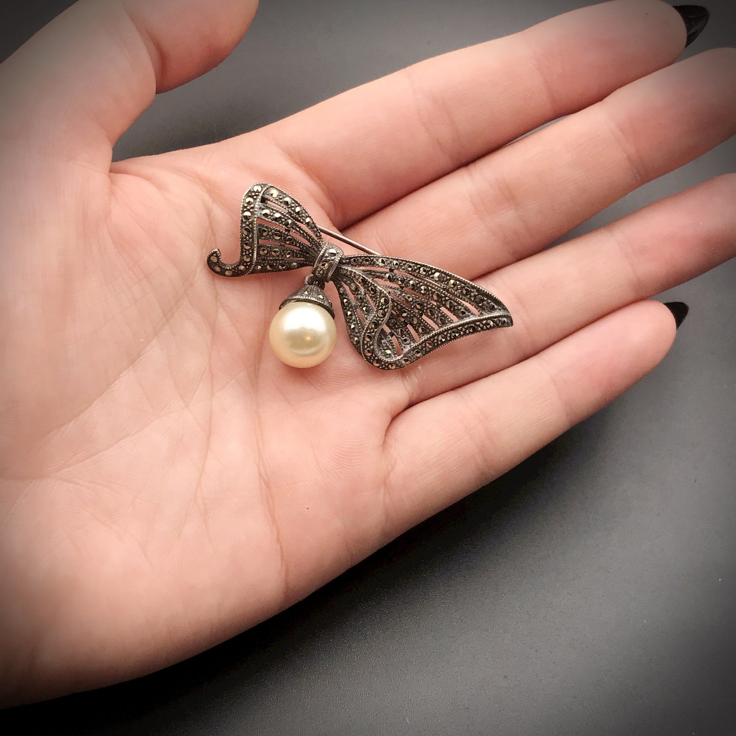 SOLD Vintage Deco Style Silver, Marcasite & Faux Pearl Bow Brooch