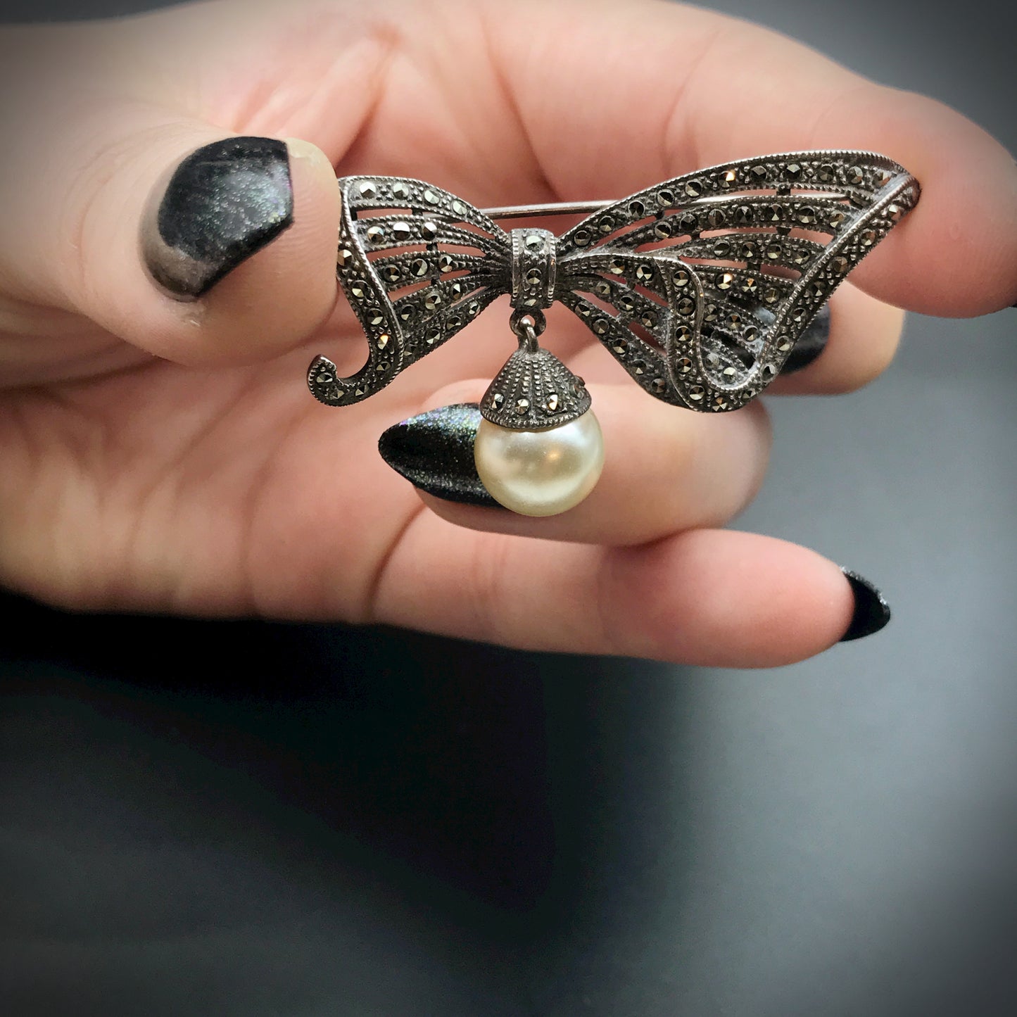 SOLD Vintage Deco Style Silver, Marcasite & Faux Pearl Bow Brooch