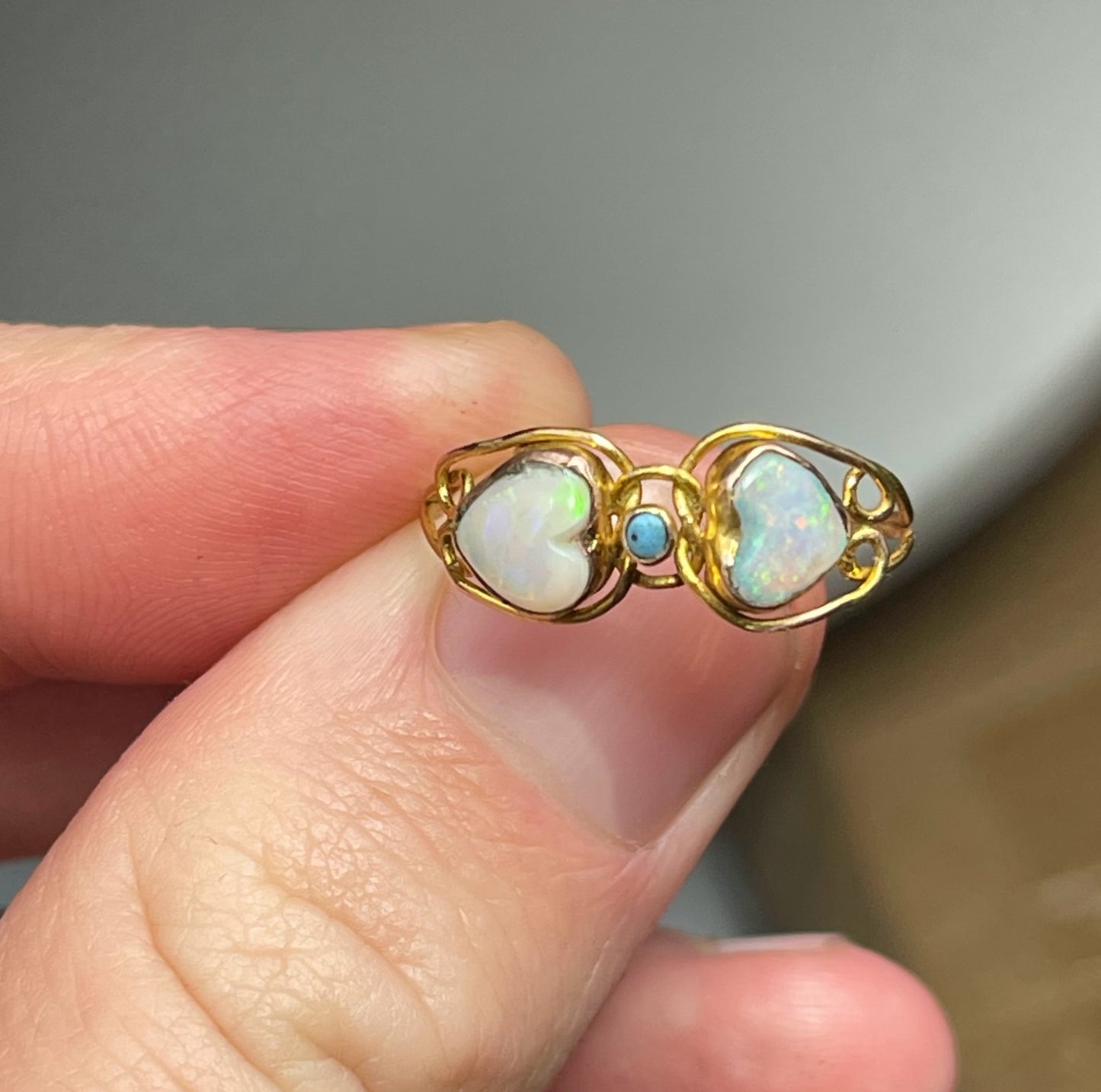 Antique 10K, Opal & Turquoise Double Heart Ring