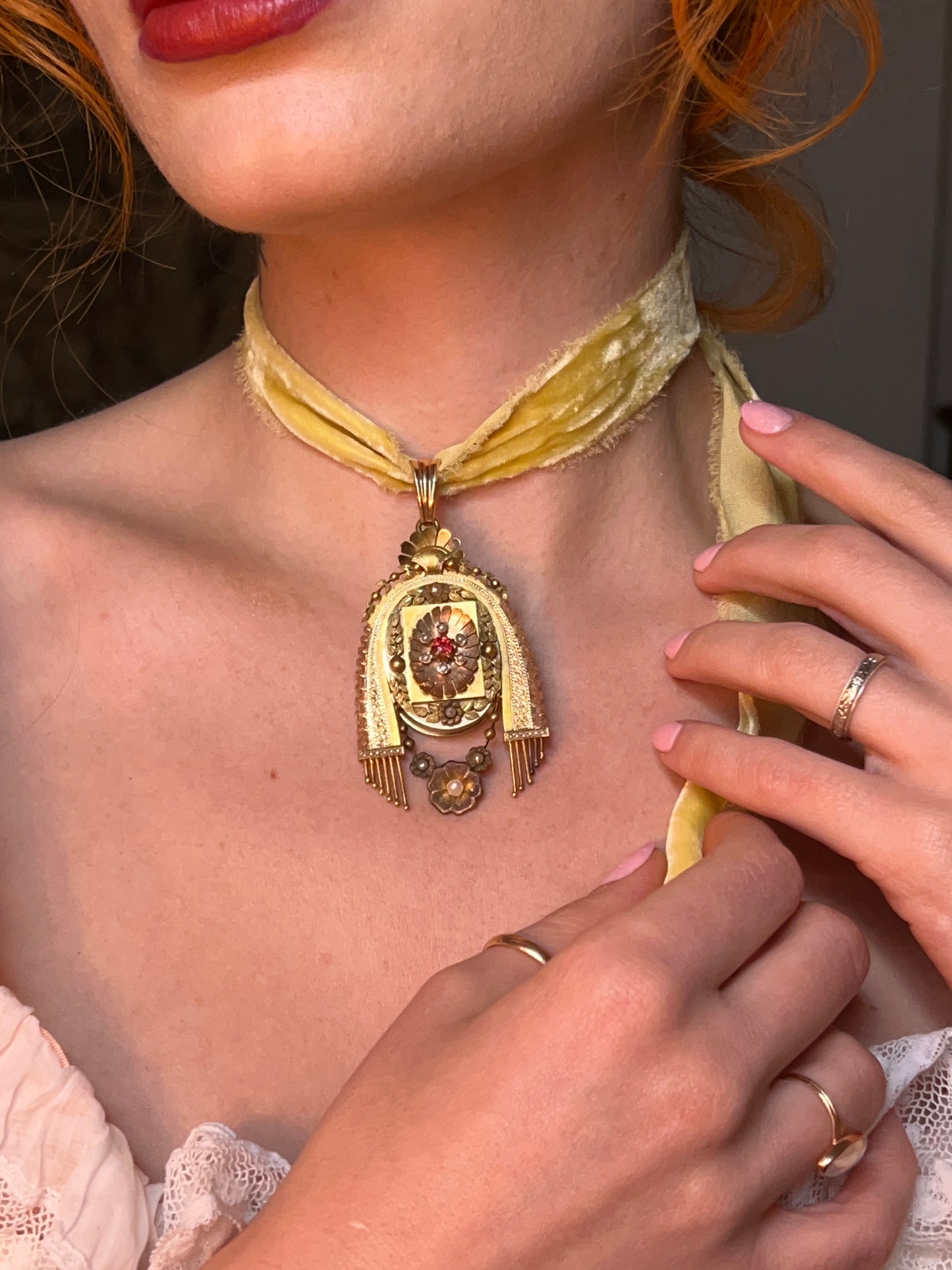 Antique Egyptian Revival 18K, Spinel & Pearl Locket Back Pendant