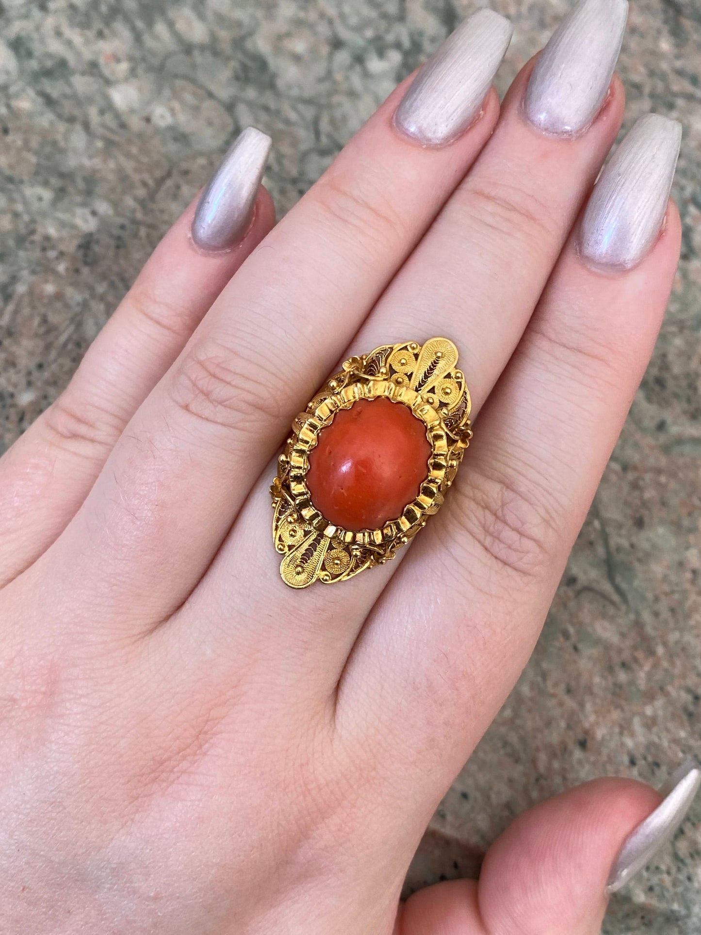 Opulent Antique 18K & Orange Coral Ring K