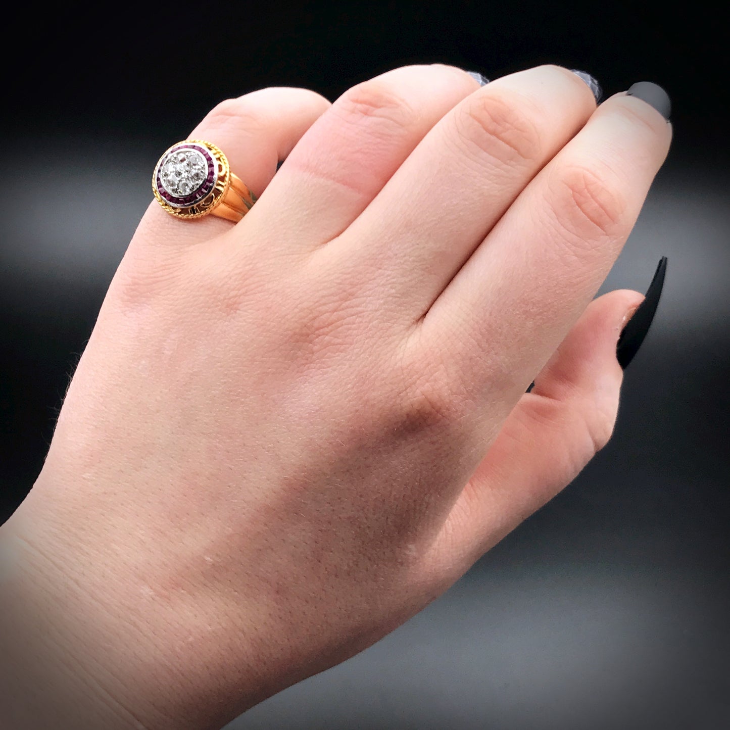 SOLD French Art Deco 18K, Platinum, Diamond & Ruby Target Ring