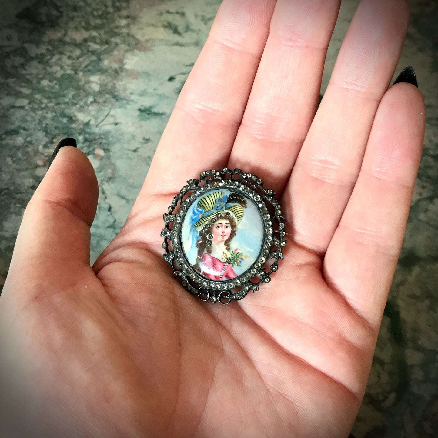 SOLD Antique French Silver, Rock Crystal & Painted Enamel Portrait Brooch