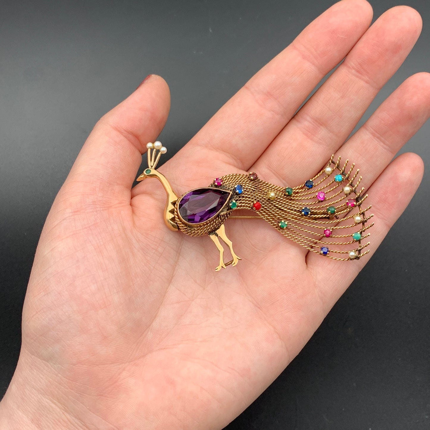 Vintage 14K, Sapphire & Multi Gem Peacock Brooch