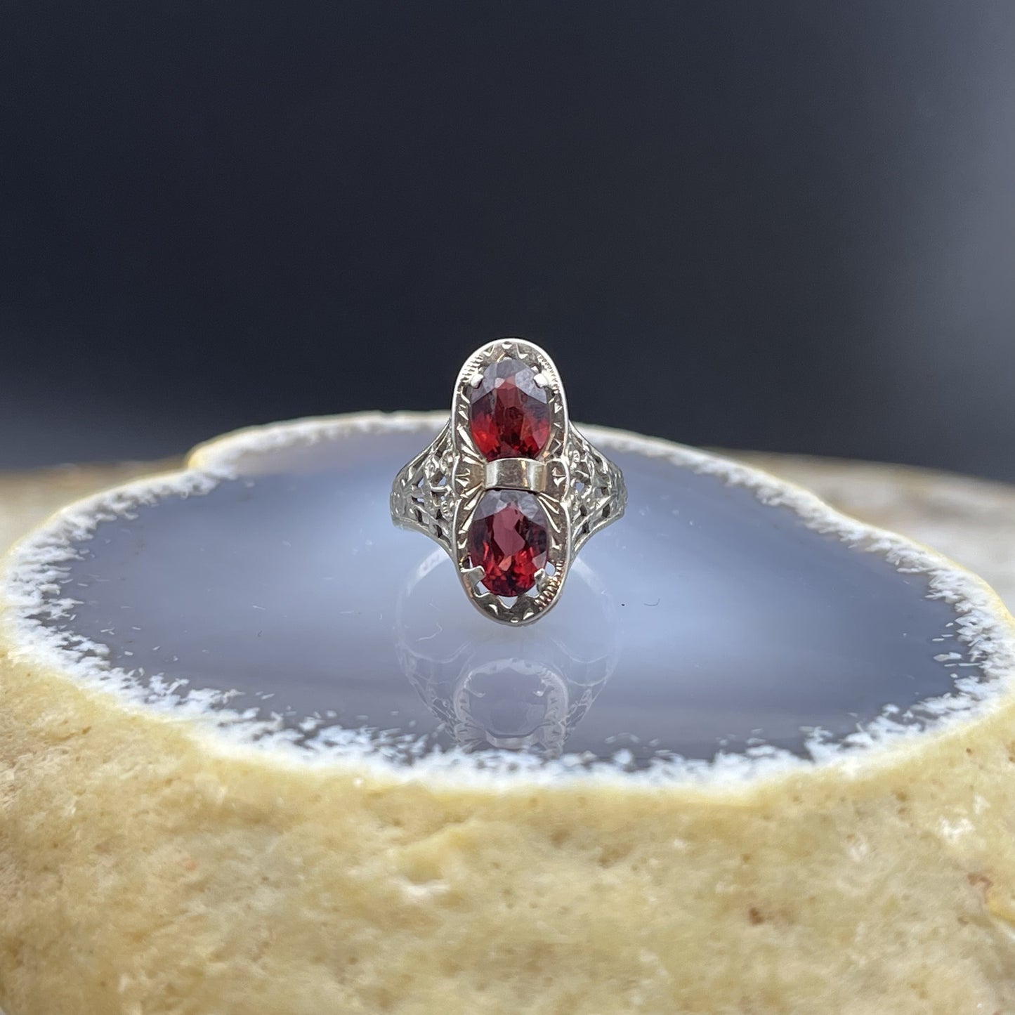 Art Deco Style 14K & Garnet Navette Ring