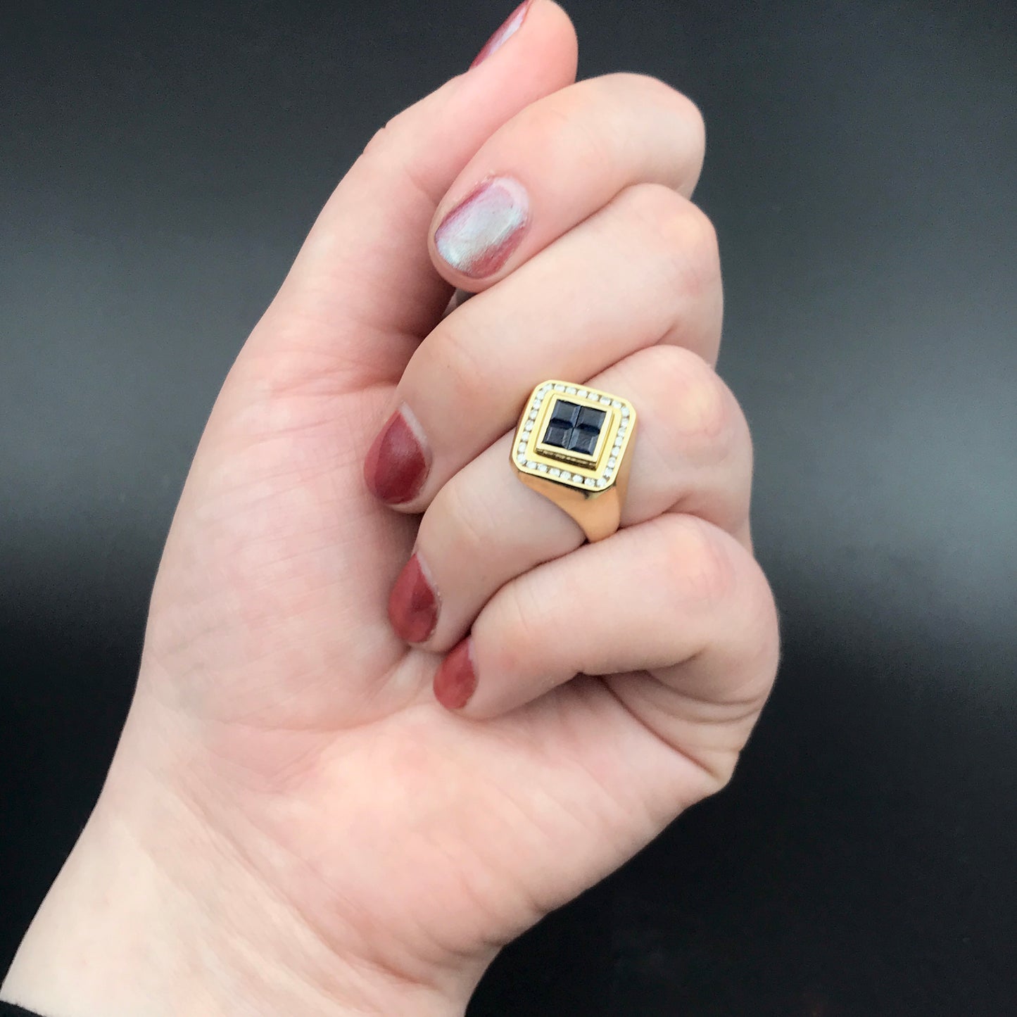 SOLD Vintage Retro 14K, Sapphire & Diamond Tank Ring
