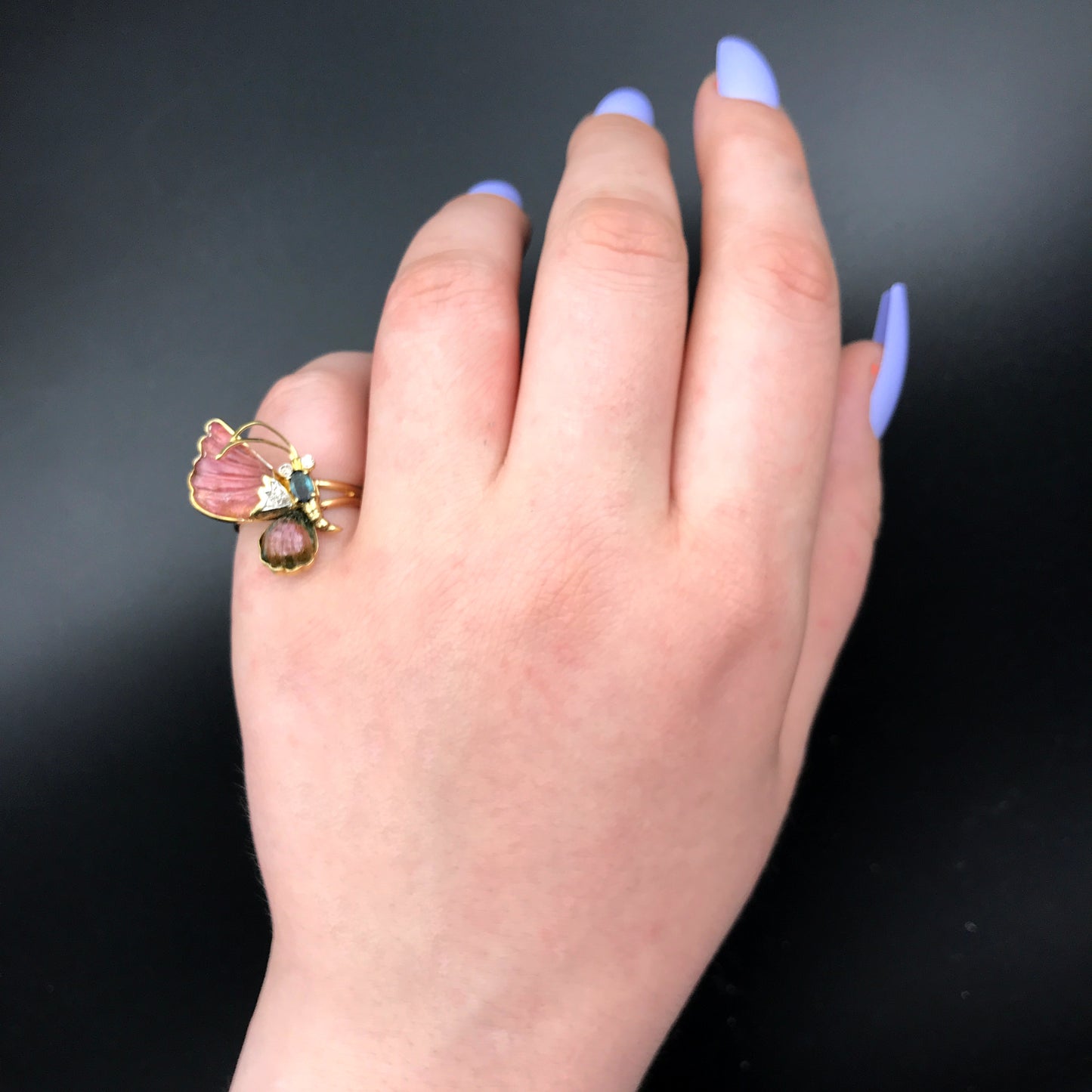 SOLD 14K, Carved Pink Tourmaline, Green Tourmaline & Diamond Butterfly Conversion Ring