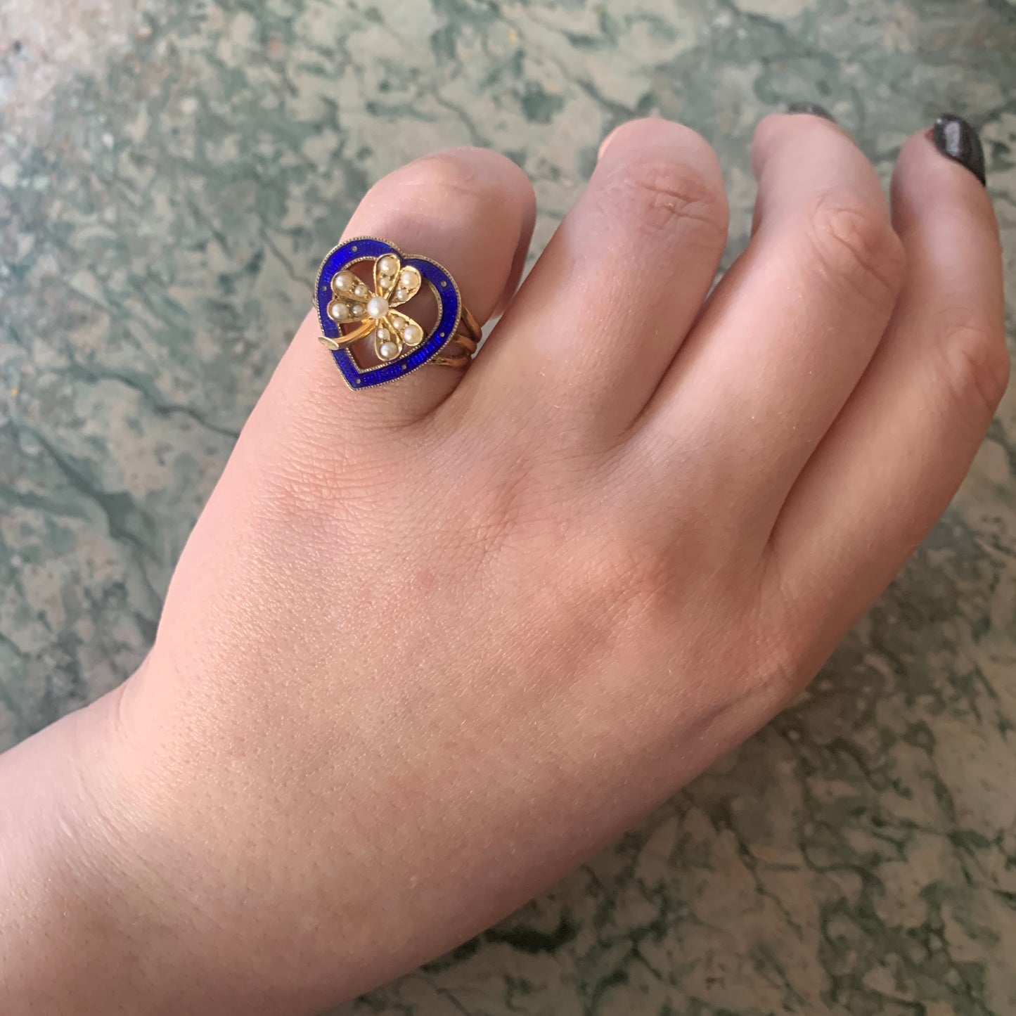 Sold: Antique 14K, Diamond, Pearl & Enamel Heart & Clover Conversion Ring K