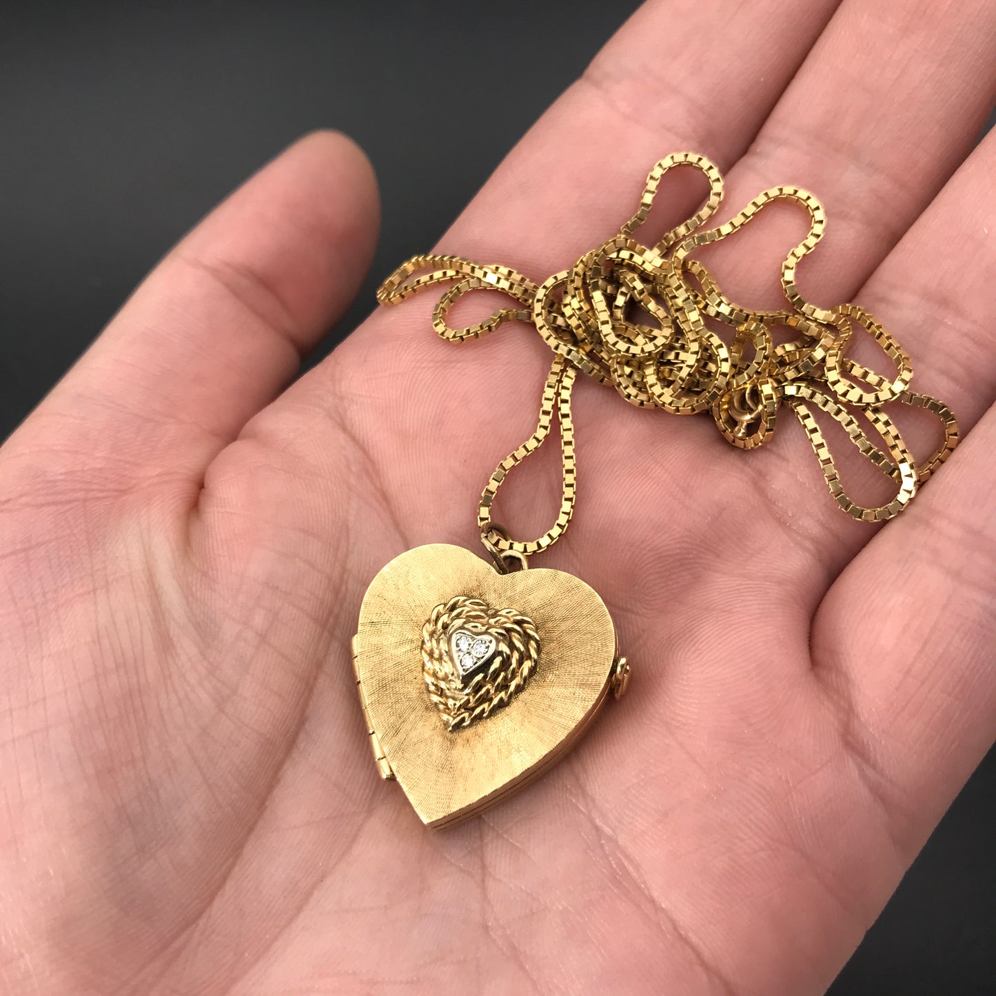 Vintage 14K & Diamond Heart Locket Pendant On Chain