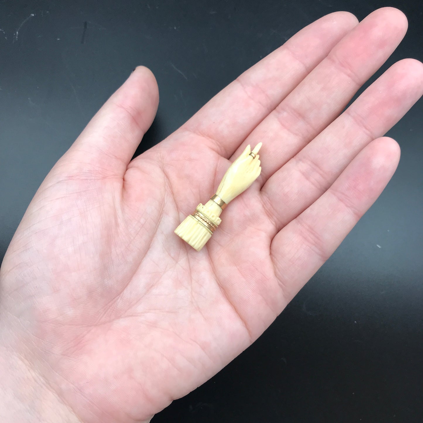 SOLD Antique 9K, Silver & Carved Bone Hand Brooch