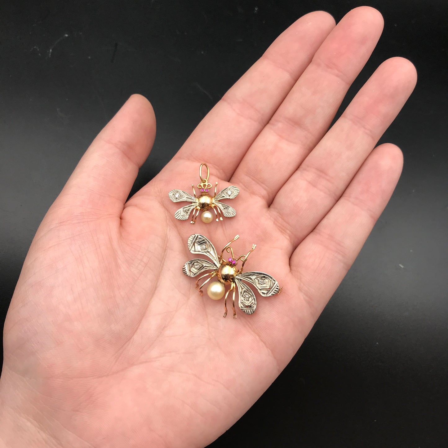 Art Deco 14K, Silver, Diamond, Ruby & Pearl Insect Brooch & Pendant Set