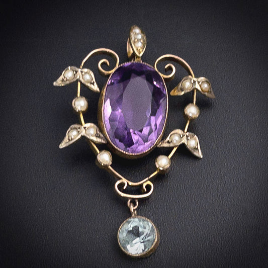 SOLD Antique 9K, Amethyst, Seed Pearl & Aquamarine Pendant
