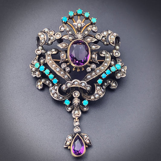 SOLD Antique 18K, Silver, Diamond, Amethyst, Turquoise & Seed Pearl Brooch