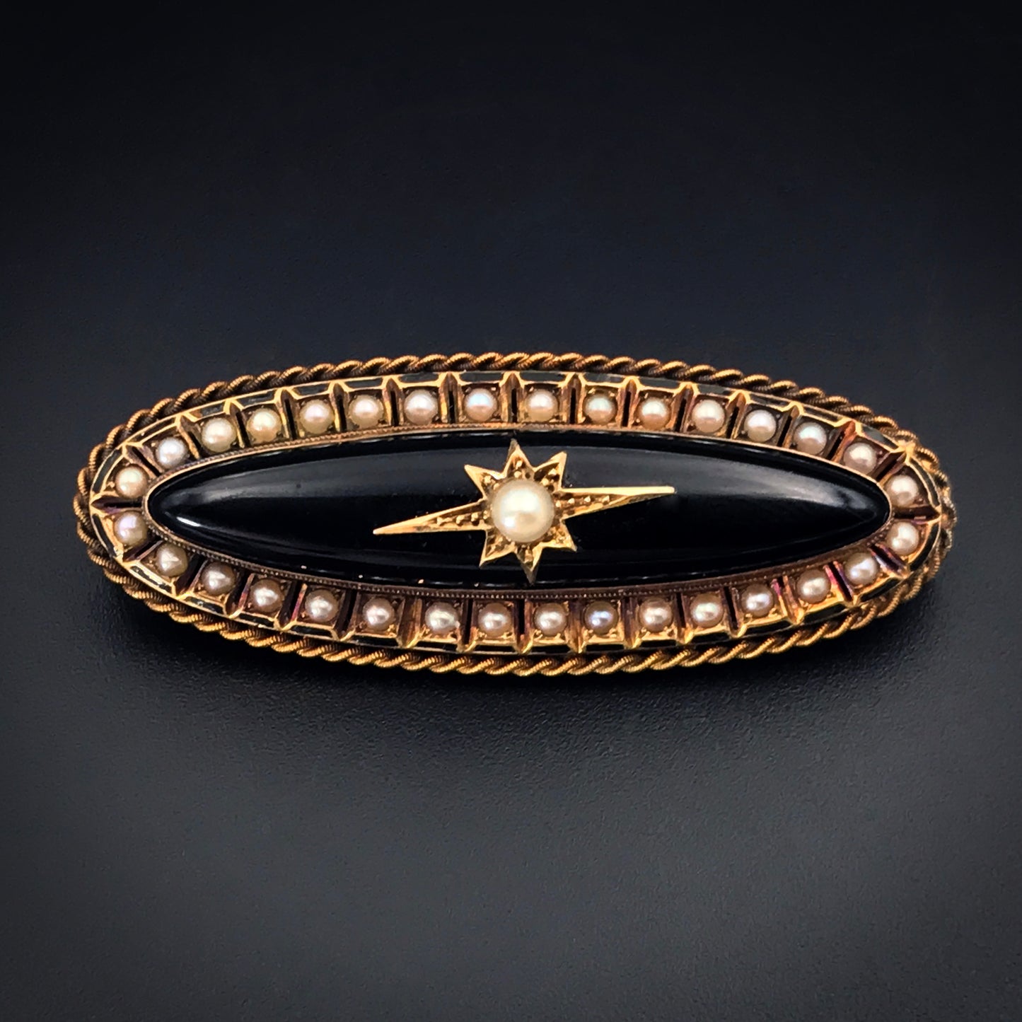 SOLD Antique Victorian 14K, Onyx & Pearl Mourning Locket Back Brooch