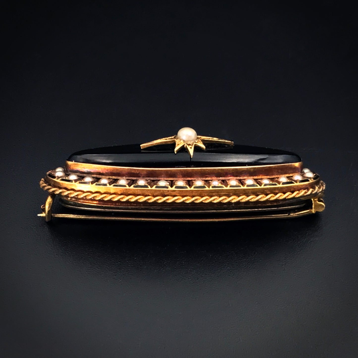 SOLD Antique Victorian 14K, Onyx & Pearl Mourning Locket Back Brooch