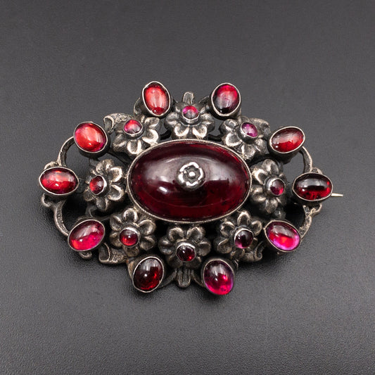Antique Zoltan White Austro Hungarian Sterling Silver & Garnet Brooch