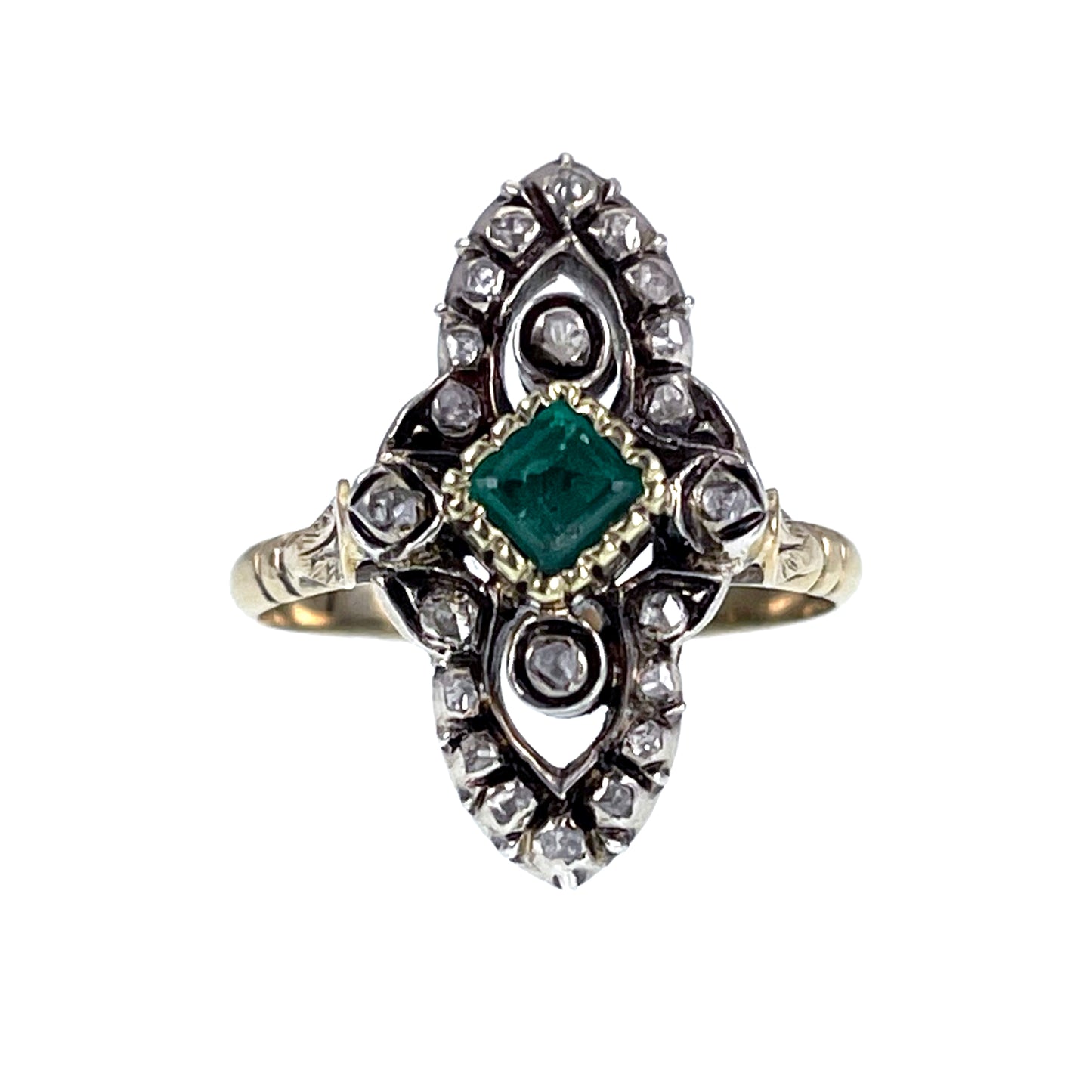Antique 18K, Silver, Diamond & Emerald Navette Ring