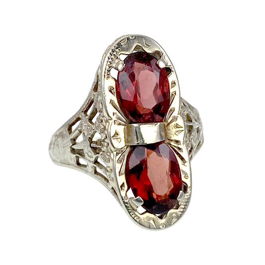 Art Deco Style 14K & Garnet Navette Ring