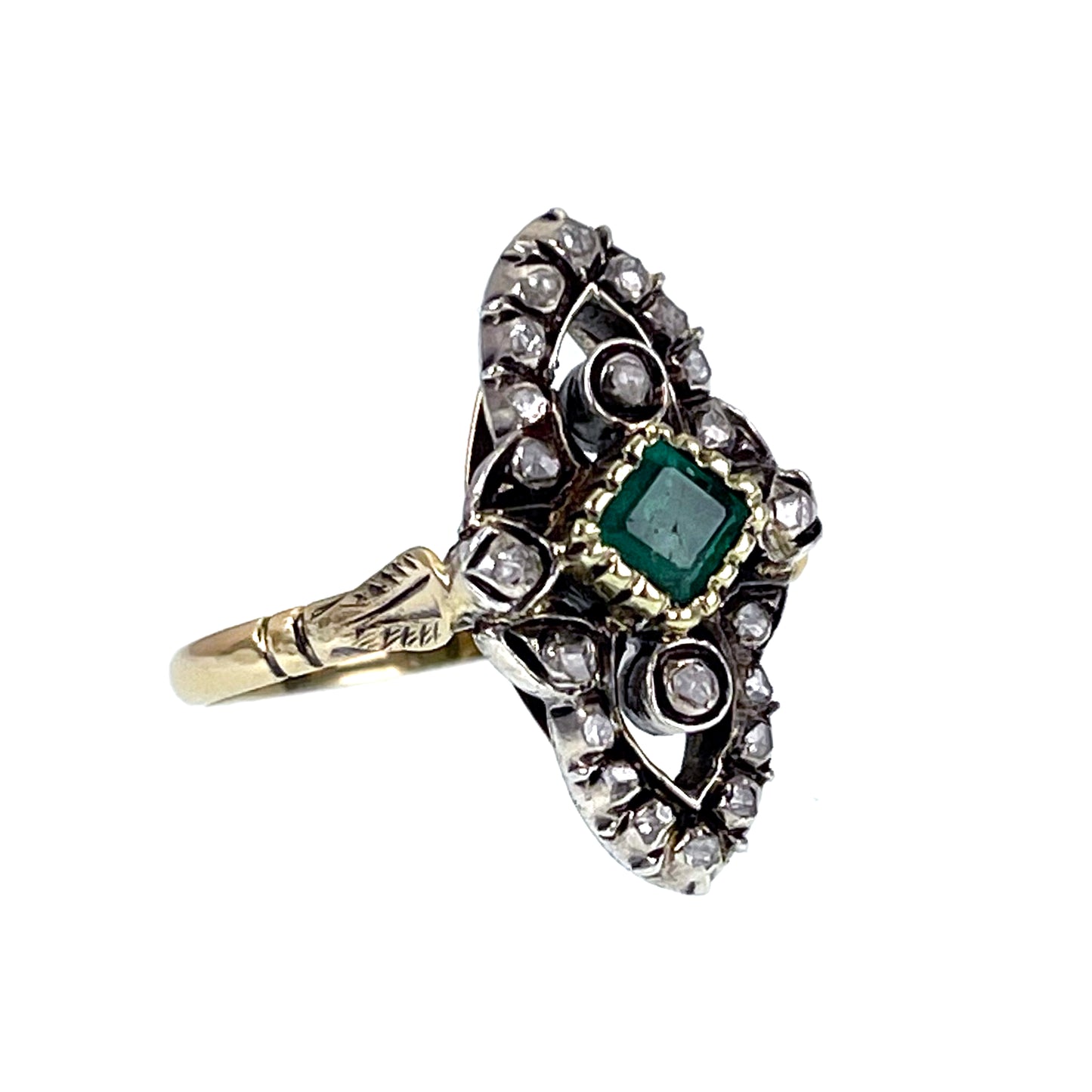 Antique 18K, Silver, Diamond & Emerald Navette Ring