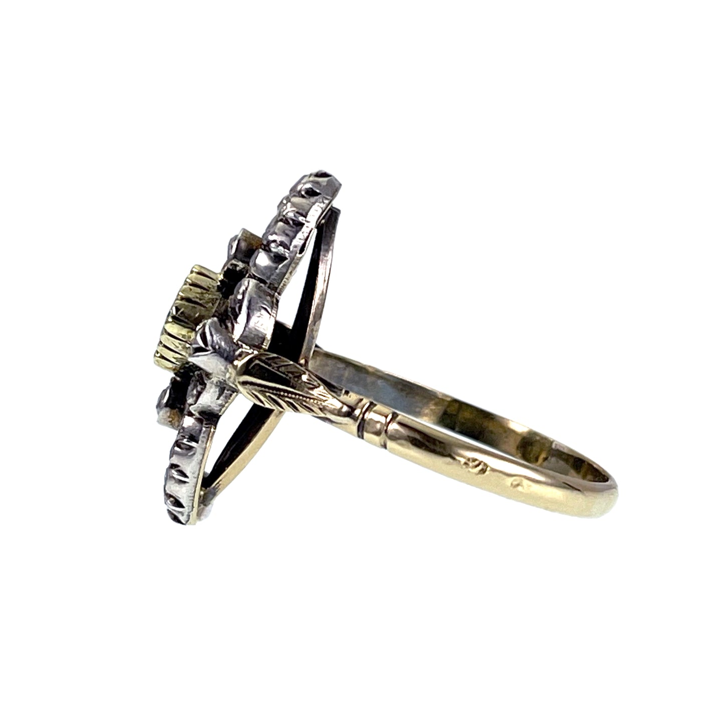 Antique 18K, Silver, Diamond & Emerald Navette Ring