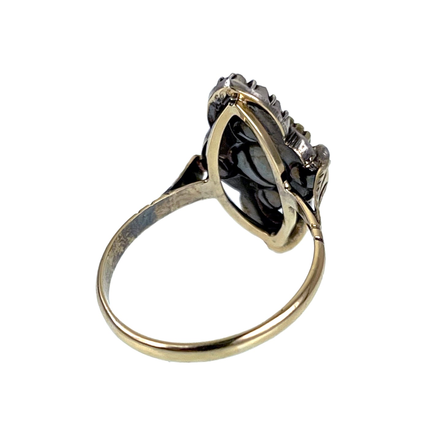 Antique 18K, Silver, Diamond & Emerald Navette Ring