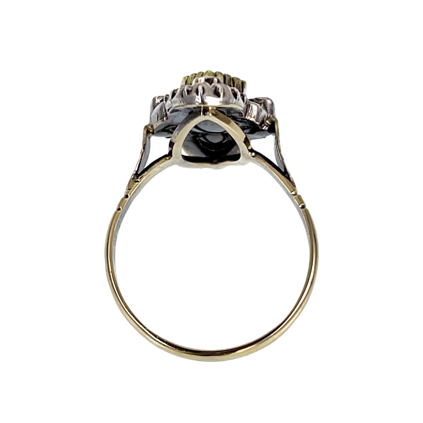 Antique 18K, Silver, Diamond & Emerald Navette Ring