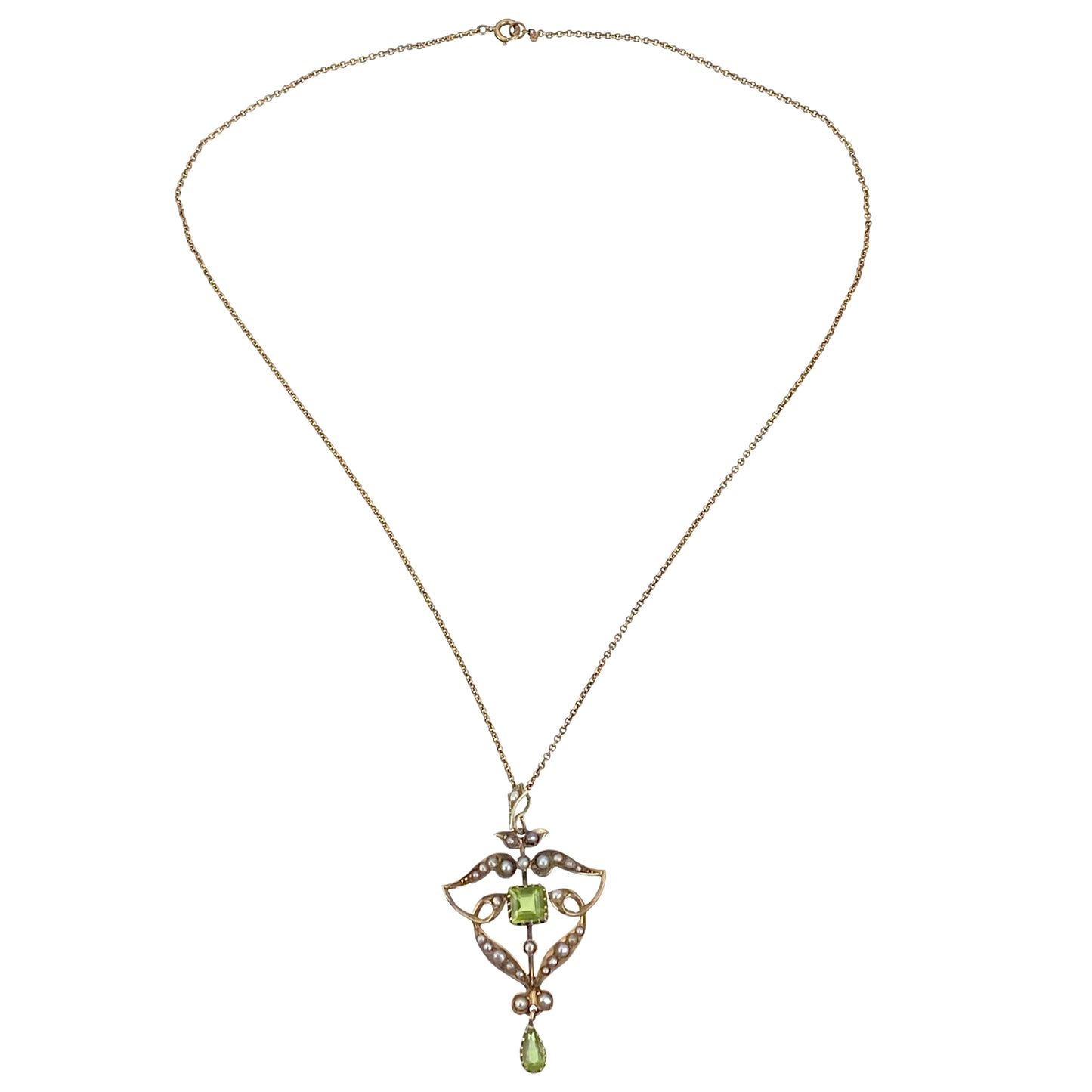 Antique 9K, Peridot & Pearl Suffragette Pendant on Chain