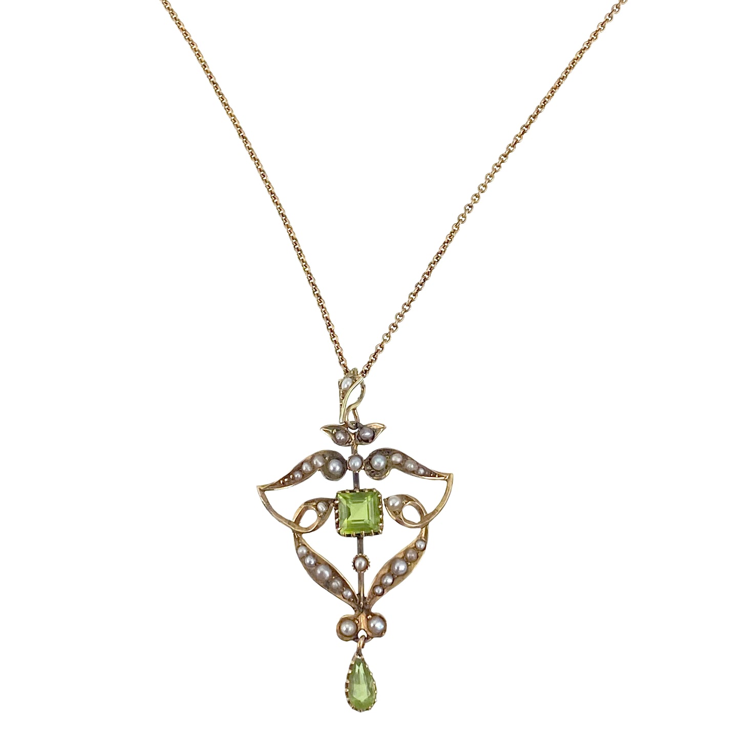 Antique 9K, Peridot & Pearl Suffragette Pendant on Chain