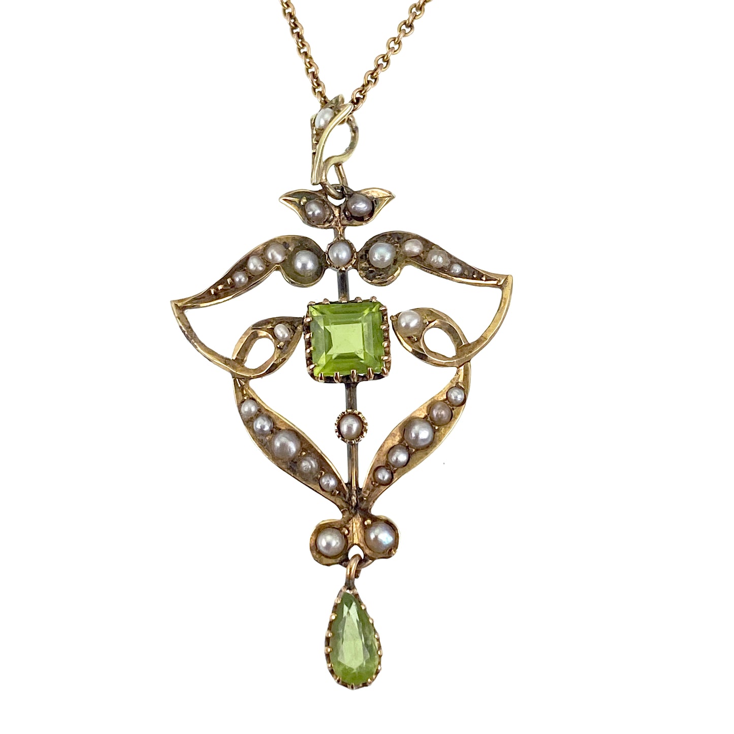 Antique 9K, Peridot & Pearl Suffragette Pendant on Chain