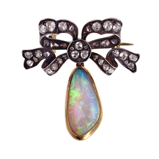 SOLD Antique 14K, Silver, Diamond & Opal Drop Bow Brooch