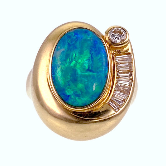 SOLD Vintage 18K, Black Opal & Diamond Ring